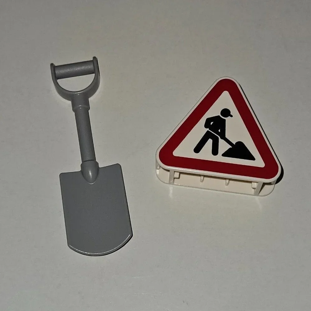 2 Lego Duplo Pieces Lot Gray Shovel Triangle Construction Sign Work Zone
